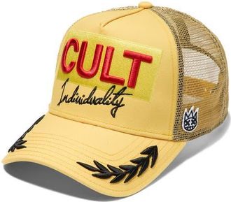Cult of Individuality Racing Logo Trucker Hat in Yellow Gold at Nordstrom