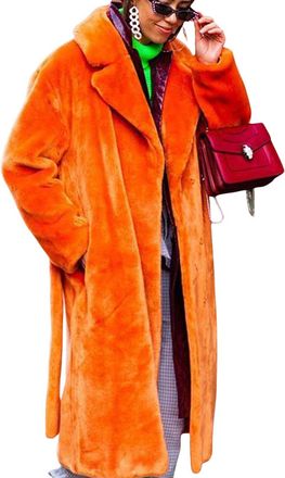 Generic Women Faux Fur Coat Long Sleeve Winter Fluffy Jacket Overcoat Warm Fuzzy Coat Cardigan with Belt Outdoor (Orange,XL)