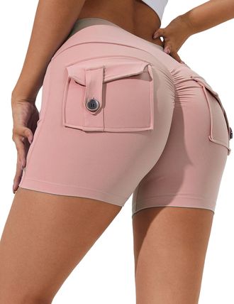 Feoya Womens Scrunch Bums Gym Shorts Workout Fitness Running Sport Shorts High Waist Cycling Athletic Shorts with Pockets Pink M