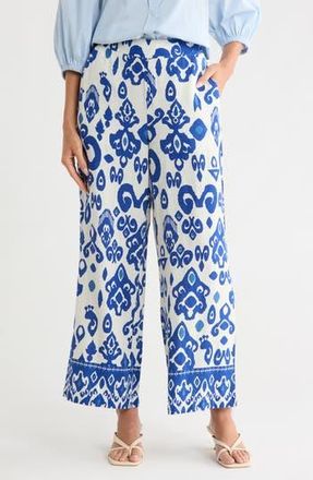 T Tahari Placed Print Linen Blend Pull-On Pants in Ivory/Blue Abstract at Nordstrom Rack, Size X-Small