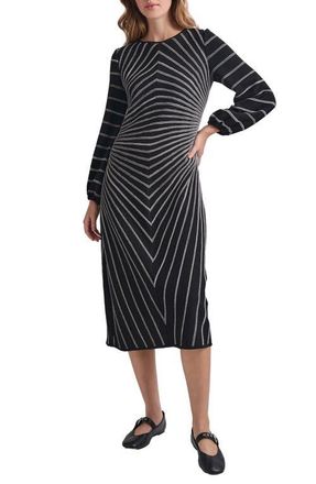 Misook Soft Stripe Long Sleeve Melang&eacute; Knit A-Line Dress in Black/New Ivory at Nordstrom, Size X-Small