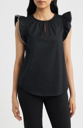 Anne Klein Blanket Stitch Flutter Sleeve Cotton Blend Top in Anne Black at Nordstrom, Size X-Large
