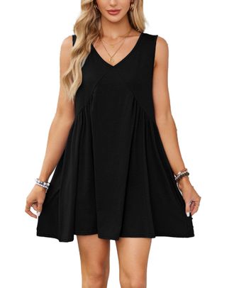 Generic Womens Summer Sleeveless Mini Dress Casual Loose V Neck with Pockets Beach Dresses,Black,XL