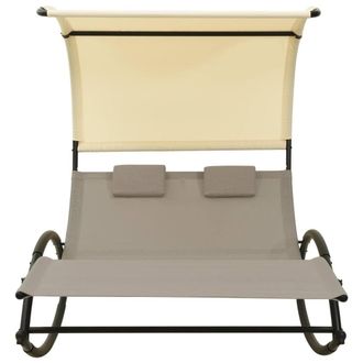 Berkfield Home Double Sun Lounger with Canopy Textilene Taupe & Cream in Beige