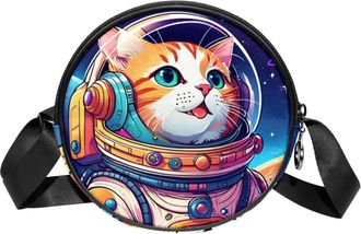 Generic Circle Crossbody Bag for Women, Cat in Space Small Sling Bag Daypack with Zipper Adjustable Shoulder Straps Casual Ladies Girls Round Purse