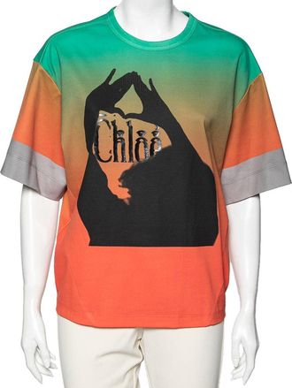 Chlo&eacute; Orange & Green Ombre Cotton Logo Printed T-Shirt M