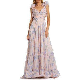 Mac Duggal Womens Ruffle Tiered Floral Cut-Out Chiffon Gown in Violet Multi at Nordstrom, Size 14