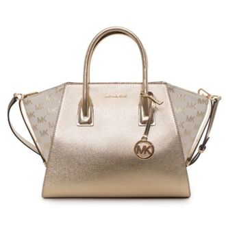 Michael Kors Avril Large Metallic Leather and Logo Jacquard Satchel