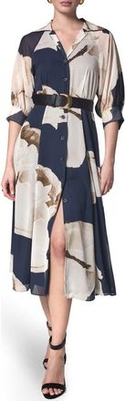 DKNY Floral Print Chiffon Midi Shirtdress in Night Sky at Nordstrom, Size 12