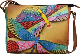Anuschka Womens S Hand-Painted Leather Slim Medium Crossbody-Dancing Dragonflies, One Size
