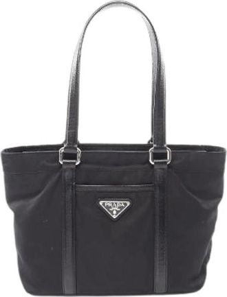 Prada Pre-owned Tote Bags, female, Black, Size: ONE SIZE Pre-owned Nylon Saffiano Leather Tote Bag
