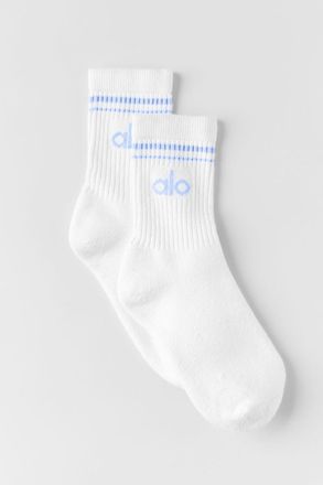 Alo | Half-Crew Throwback Socks in White/Light Provence Blue, Size: Medium
