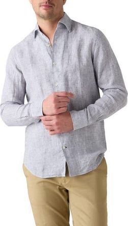 Robert Talbott Morgan Medium Stripe Linen Shirt in Navy at Nordstrom, Size Xx-Large - 36