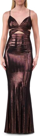 La Femme Cut Out Prom Dress with Metallic Stretch Jersey Fabric in Bronze at Nordstrom, Size 10