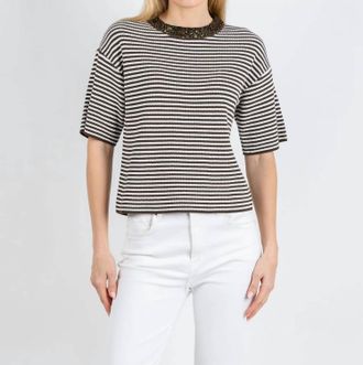 Margittes Sequin Neck Stripe Knit Sweater In Mocha