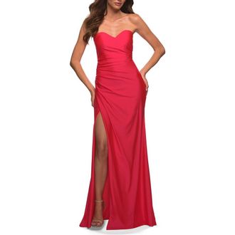 La Femme Neon Strapless Sweetheart Jersey Evening Dress in Hot Coral at Nordstrom, Size 00
