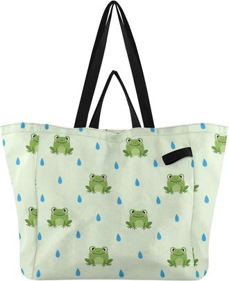 Generic Frog Blue Dots pattern Reusable Canvas Tote Bag, Heavy Duty Grocery Shopping Bag with Double Handles Hard Bottom Large Capacity Work Groceries Travel