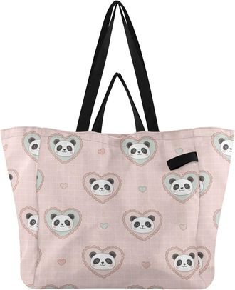 Generic Panda Pink Gearts Plaid pattern Reusable Canvas Tote Bag, Heavy Duty Grocery Shopping Bag with Large Capacity Double Handles Hard Bottom Work Grocerie