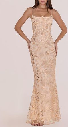 House of CB Naima Sequin & Bead Embellished Gown in Peach at Nordstrom, Size Medium