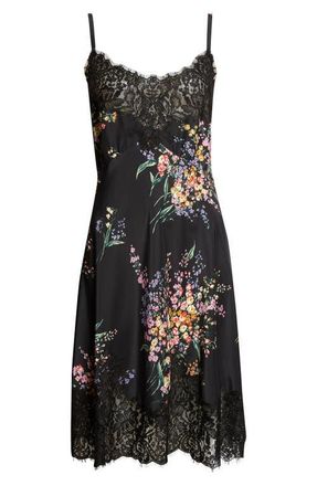 Dolce & Gabbana Floral Bouquet Print Lace Trim Habutai Silk Minidress in Mazzi Fiori Fdo.nero at Nordstrom, Size 12 Us