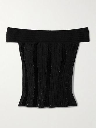 Balmain Top A Spalle Scoperte In Maglia A Coste E Velluto Con Glitter - Nero