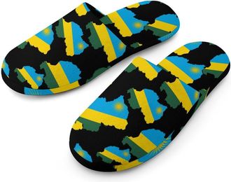 Generic Flag Map of Rwanda Flannel Mens Slip-on Slippers Winter Warm House Shoes with Rubber Sole for Home Hotel