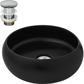 ML Design Lavabo para baño de cerámica negra redondo con juego de drenaje