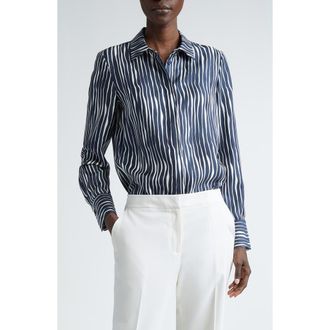 Lafayette 148 New York Scottie Stripe Silk Twill Button-Up Shirt in Midnight Blue Multi at Nordstrom, Size X-Large