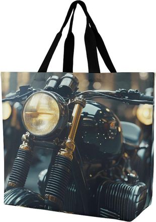 Generic Vintage Headlight Lamp Motorcycle Large Reusable Shopping Bag Lightweight Foldable Tote Bags Washable Shoulder Handbag