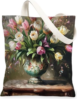 Generic Spring Farmhouse Tulip Canvas Tote Bag for Shopping 13x15, Rustic Farm Floral Reusable Grocery Print Pattern Bag for Women, Country Flower Beach Aesth