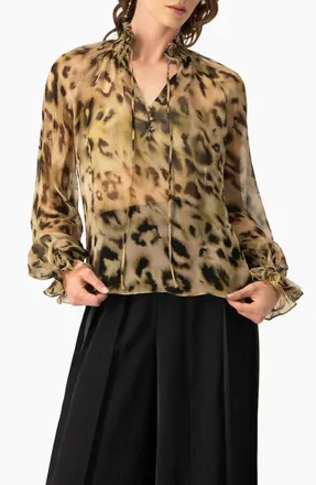 Ivonne Sheer Chiffon Tie-Neck Blouse in Abstract Animal Print in Olive Green at Nordstrom, Size 14