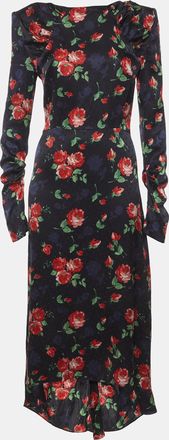 Magda Butrym Navy Blue Floral Print Satin Jacquard Midi Dress