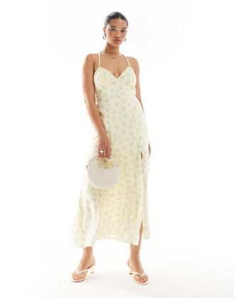 Hollister open back maxi dress with thigh split in yellow ditsy floral print