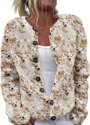 Generic Christmas Womens V-Neck Button Cardigan - Casual Knitted Long Sleeve Sweater Printed Cardigan (UK, Alpha, S, Regular, Regular, 1)