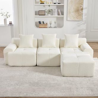 STILVORA Divano Modulare 3 Posti In Velluto A Coste Con Pouf E Cuscini, Senza Montaggio, Beige
