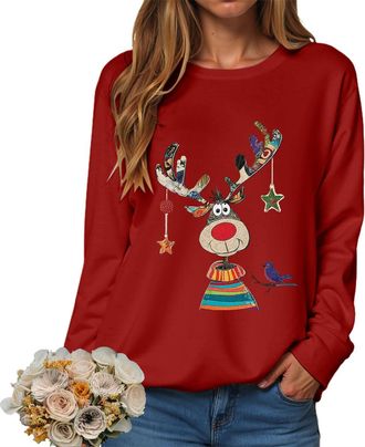 Generic Christmas Jumpers for Women UK Xmas Top Ladies Merry Christmas Tree and Snowflake Printed Top Crewneck Long Sleeve Loose Fit Funny Reindeer Xmas Jumpe