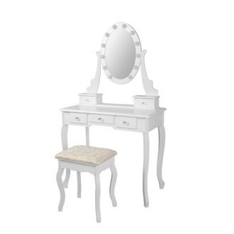 ML Design Ml-design Tocador Cl&aacute;sico Con Taburete Y Luces Led Espejo 5 Caj&oacute;nes De Almacenamiento 80x129x40 Cm Blanco Fabricado En Madera Mdf Mesa De Peluquer&iacute;a C