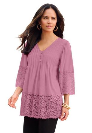 Roaman's Lace-Hem Pintuck Tunic in Pink Blossom at Nordstrom, Size 24