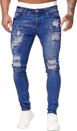 Generic Mens Super Skinny Stretch Jeans, Mens Ripped Jeans Slim Fit Basic Denim Pants Motocycle Biker Jeans Elastic Fashion Comfort Waist Pants Distressed Was