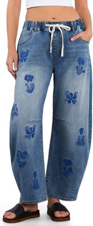 HINT OF BLU Embroidered Barrel Leg Drawstring Jeans in Atlas Blue at Nordstrom, Size X-Small