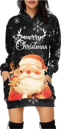 Generic Women Christmas Hoodies Dress Printed Long Sleeve Hooded Tunic Sweatshirt Jumper Reindeer Santa Canes Christmas Midi Dresses with Pockets Merry Wine G