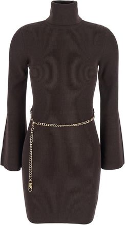 Michael Kors Brown Mini Dress With Chain Belt And Logo Plaque On The Rear In Viscose Blend Stretch Woman