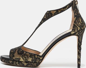 Jimmy Choo London Black/gold Lace And Lurex Fabric Lana Sandals
