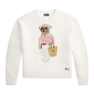 Ralph Lauren Round-neck Knitwear, female, White, Size: M Bear Crewneck Sweater