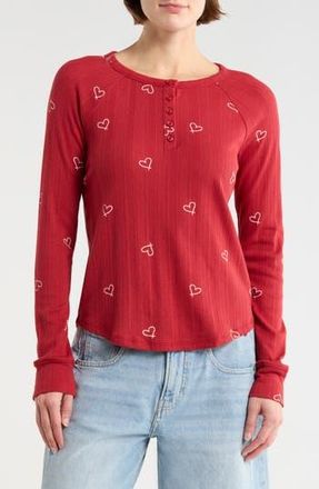 Lucky Brand Heart Print Pointelle Henley in Red Combo at Nordstrom Rack, Size X-Small