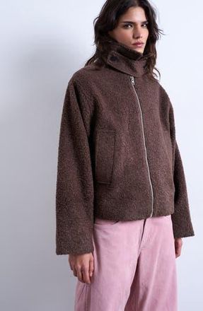 Topshop Tab Boucl&eacute; Bomber Jacket in Chocolate at Nordstrom Rack, Size X-Small