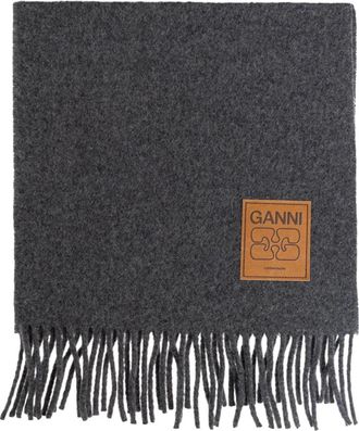 Ganni Wollen Sjaal Met Logo - Dames - Wintersjaals - Grijs - ONE Size - Wol - Accessoires