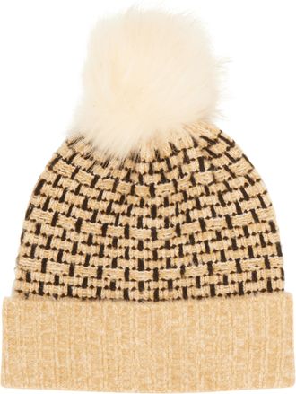 Kaffe Womens Hat Accesory Slim Fit Folded Edge Faux Fur Cheerleader Hood, Sand/Black Check Knit, One Size