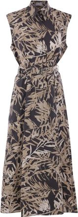 Brunello Cucinelli Abito smanicato in cotone con stampa foglia - Nero