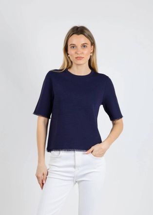 Elliott Lauren Fringe Elbow Sleeve Sweater In Navy